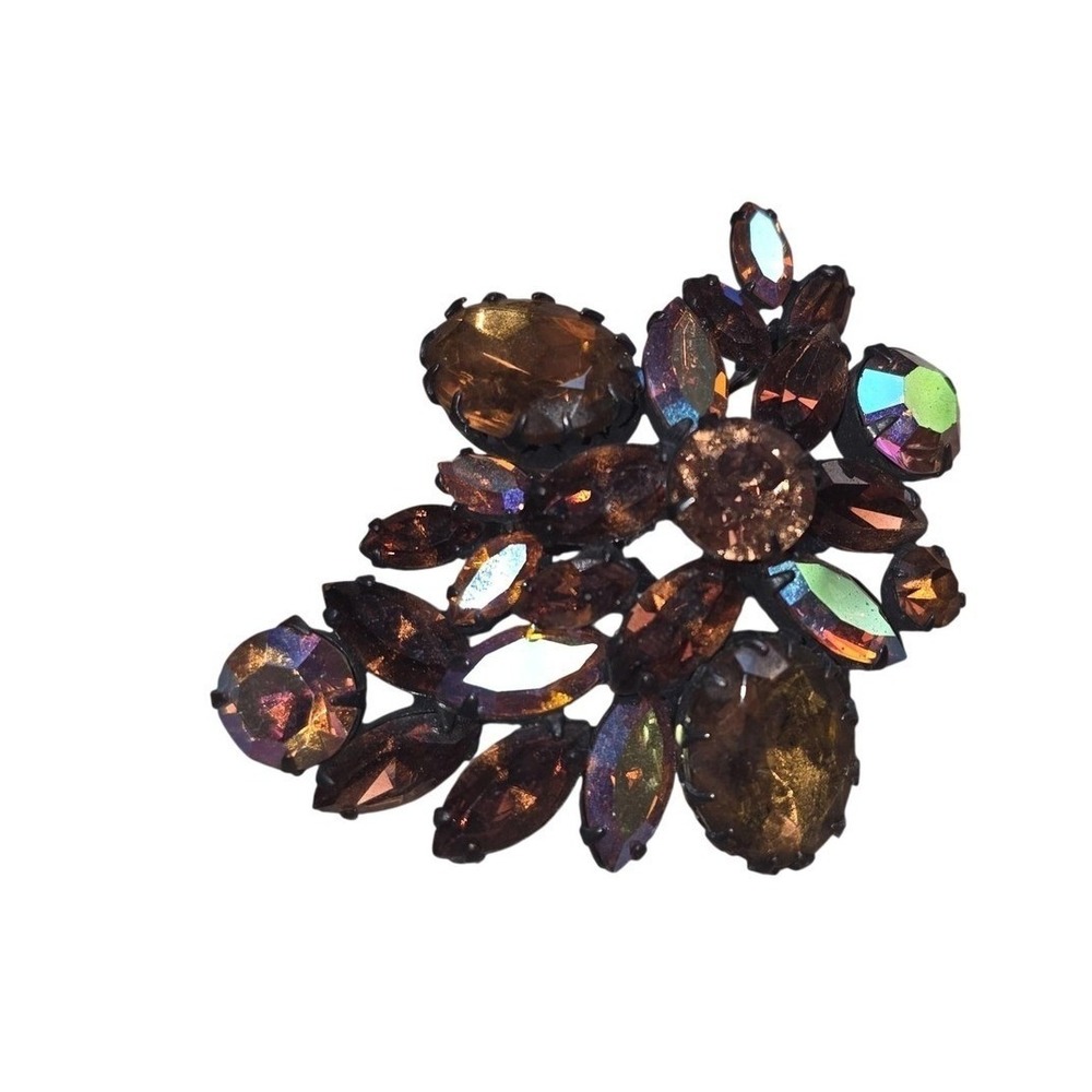 Vintage Regency Brown AB Rhinestone Japanned Floral Spray Brooch Pin 3 Inch